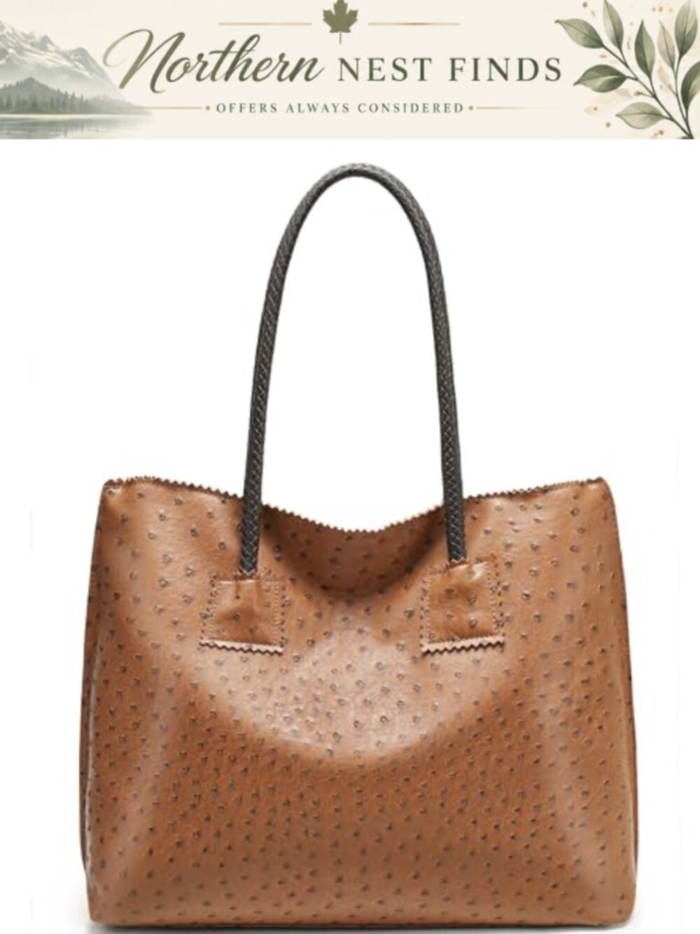 Ostrich Vegan Leather Tote Bag Large Shoulder Handbag Braided Handles